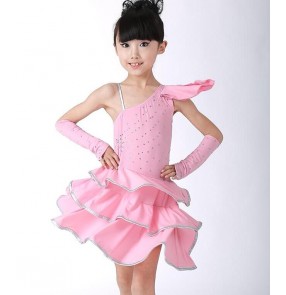 Light pink turquoise light blue gold yellow black one shoulder with glove rhinestones girls kid child toddlers professional gymnastics latin salsa cha cha  leotard dance dresses